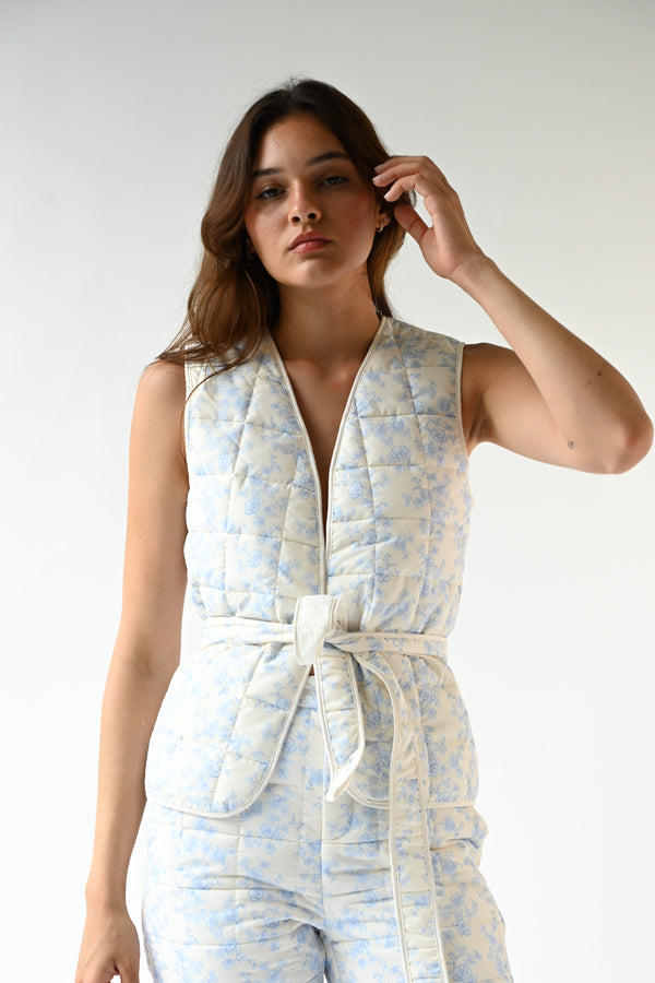 Carrington Quilted Wrap Vest — Blue Toile