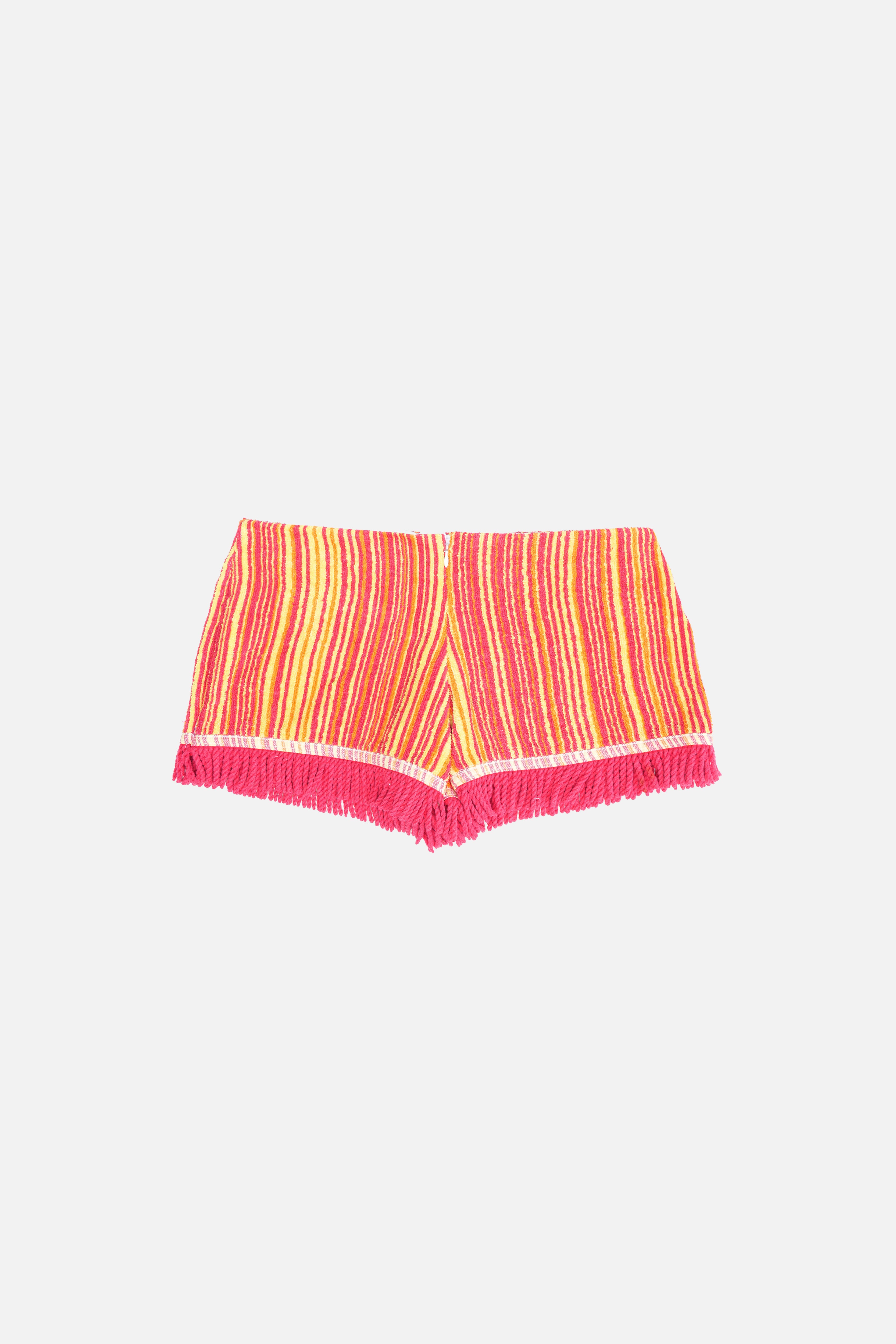 Towel Upcycled Mini Shorts — Striped Fringe