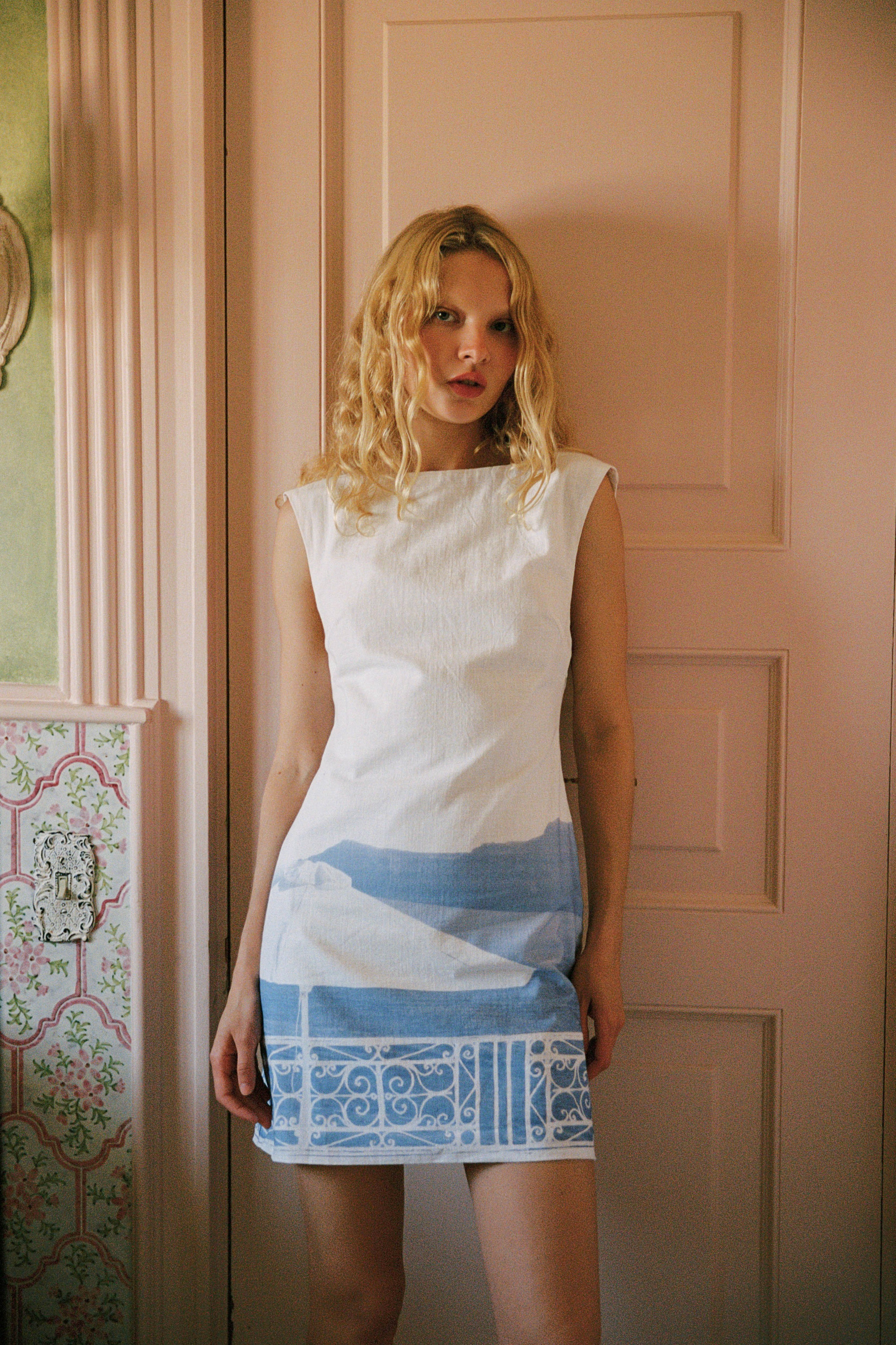 Mason Linen Dress in Balcony print — linen mini dress with boat neckline