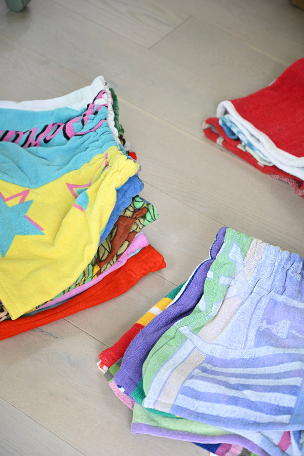 Towel Upcycled Shorts — Purple Stripe