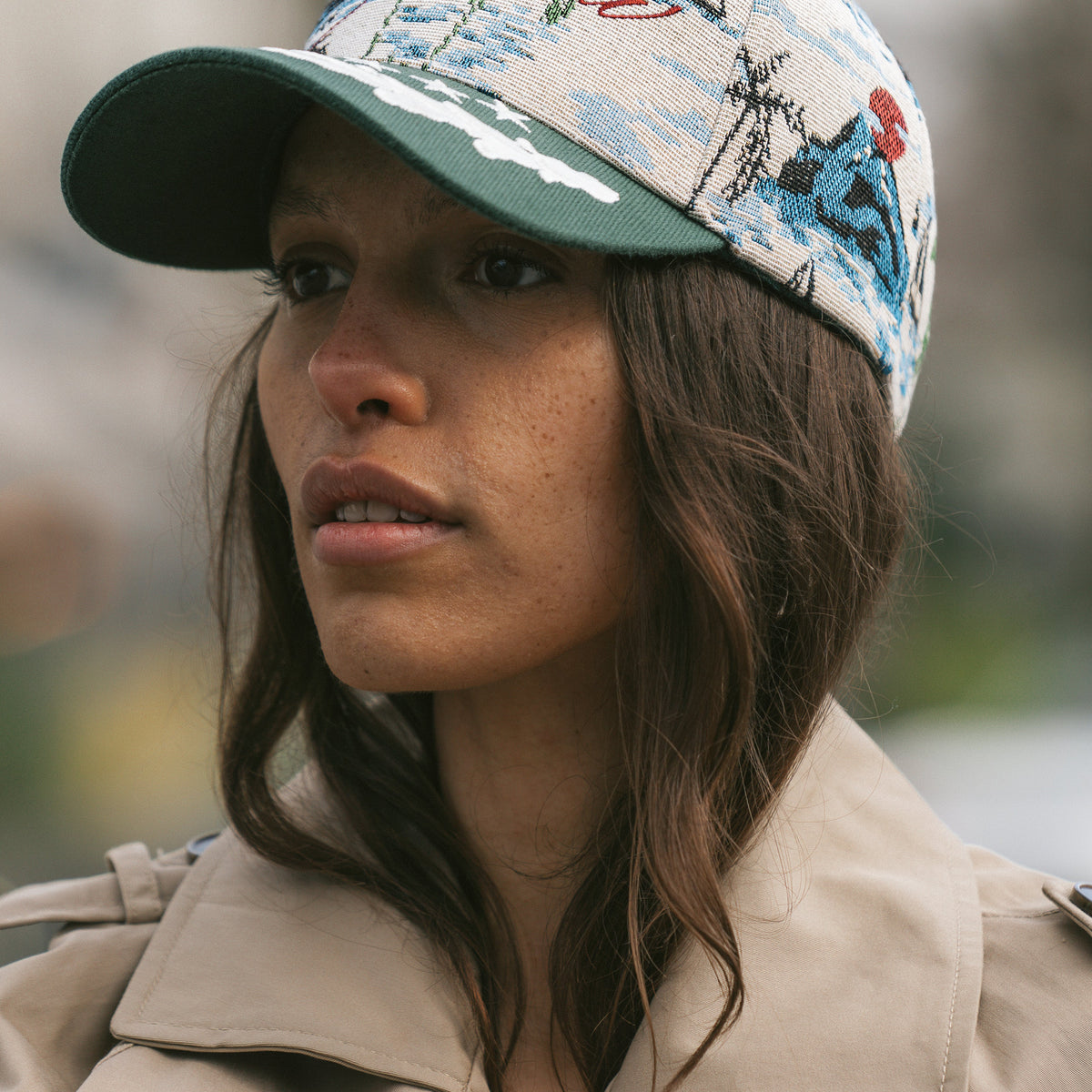 Yellow the Label Script Embroidered Palm Print Trucker Hat - Green/Beige Men main image 4