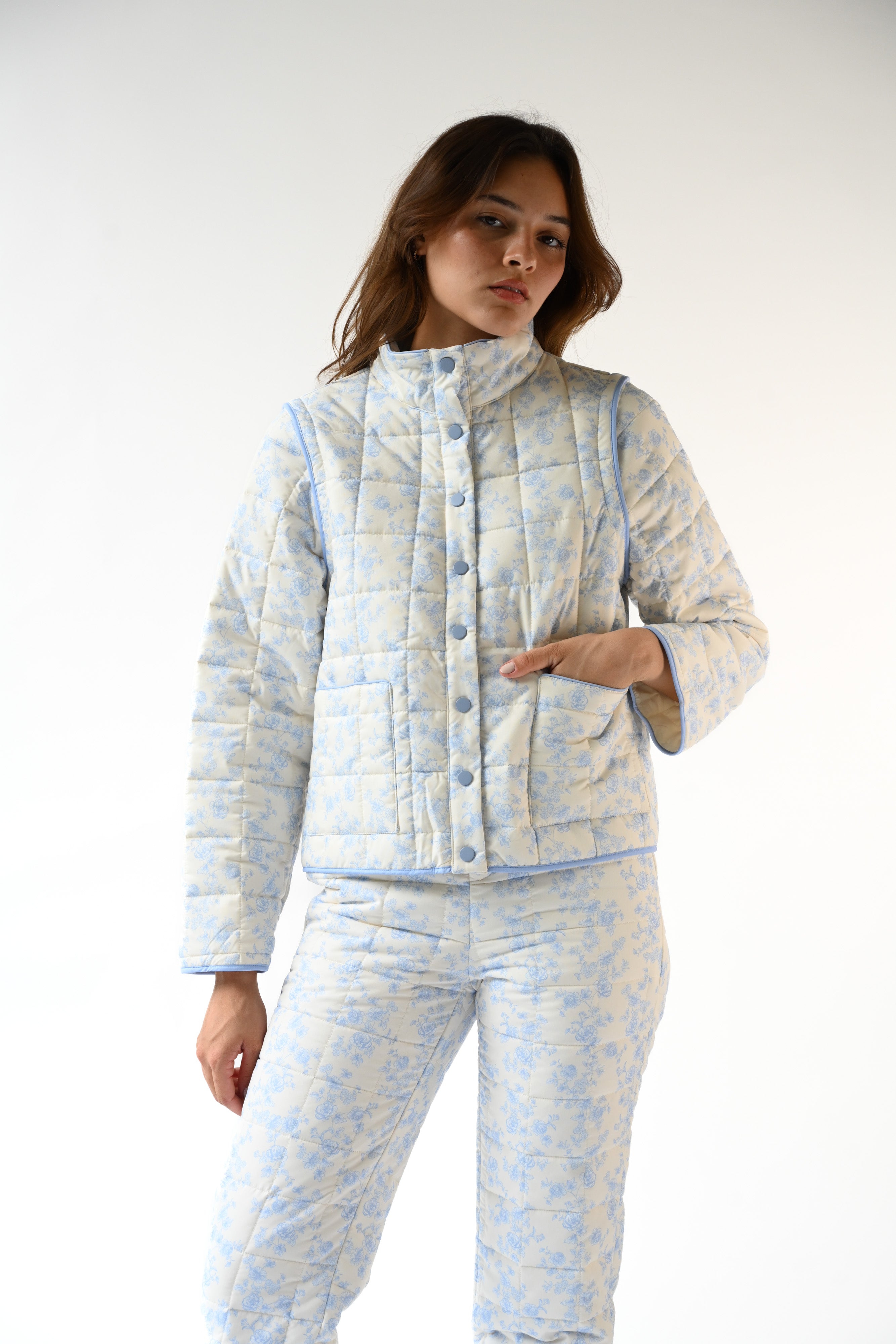 Amelia Quilted Convertible Jacket — Blue Toile