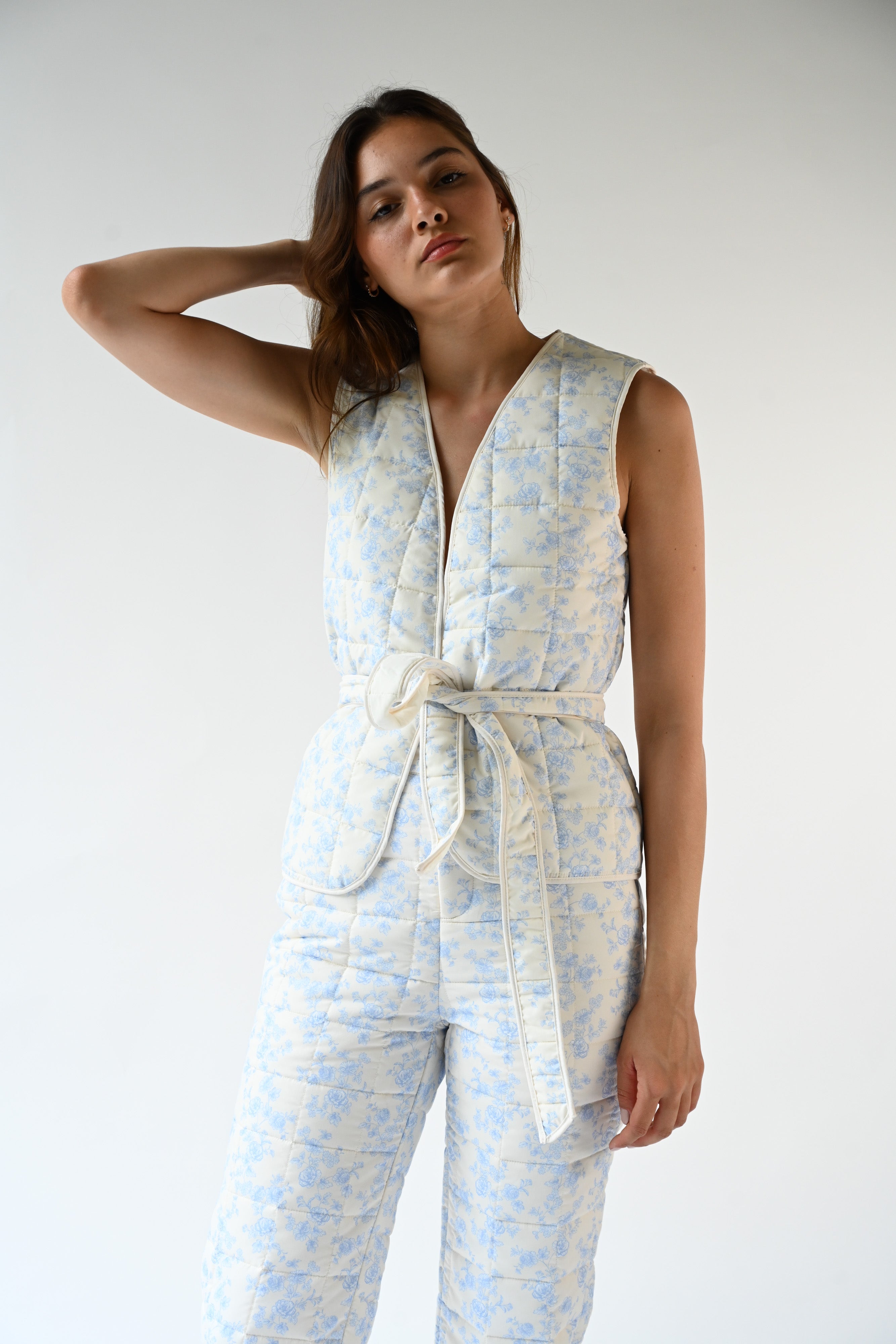 Carrington Quilted Wrap Vest — Blue Toile