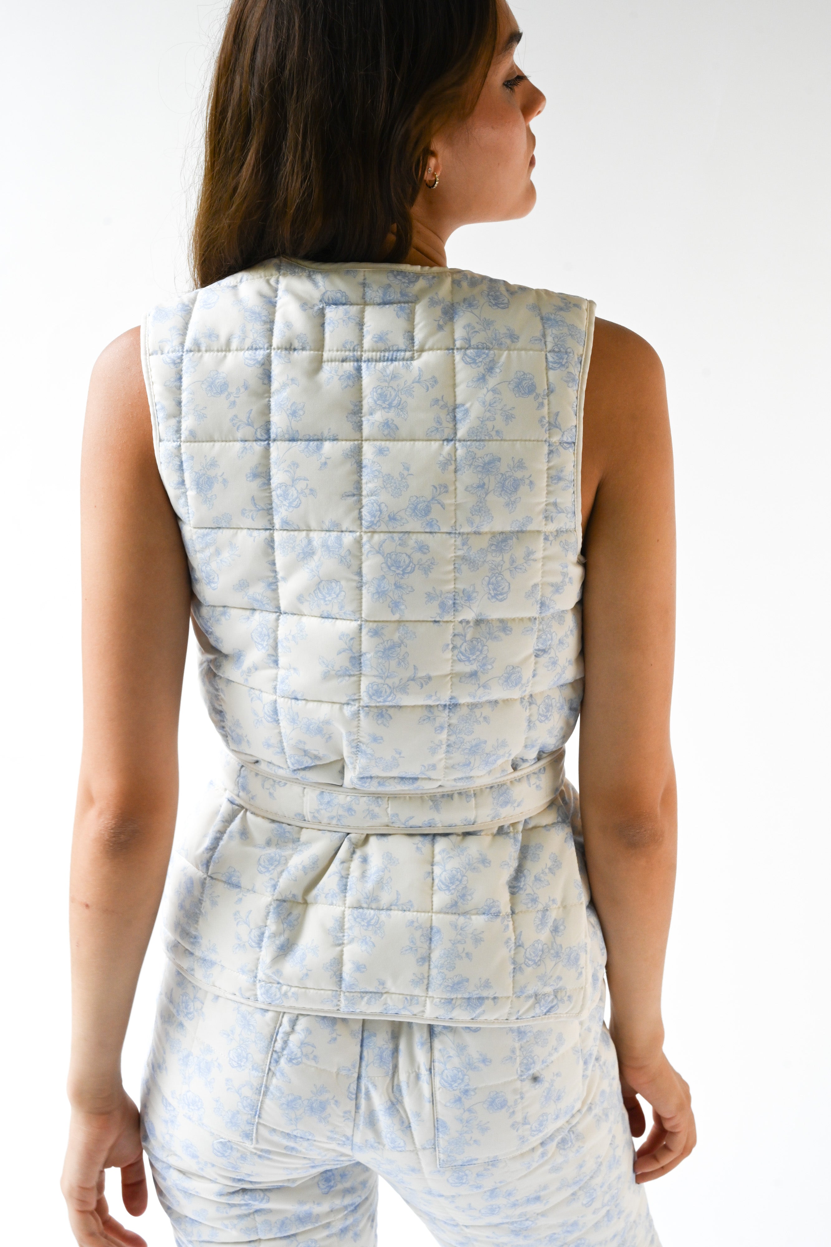 Carrington Quilted Wrap Vest — Blue Toile