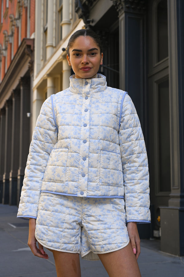 Yellow the Label Amelia Quilted Convertible Jacket Blue Toile - Full Length Shot