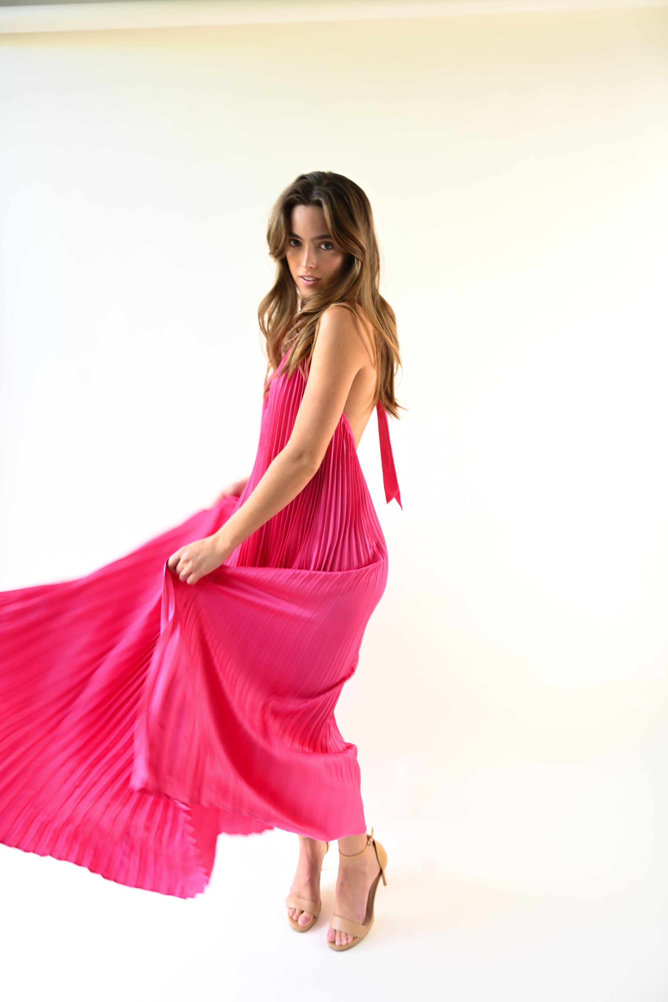Collar VNeck Pleated Dress Pink main image 0