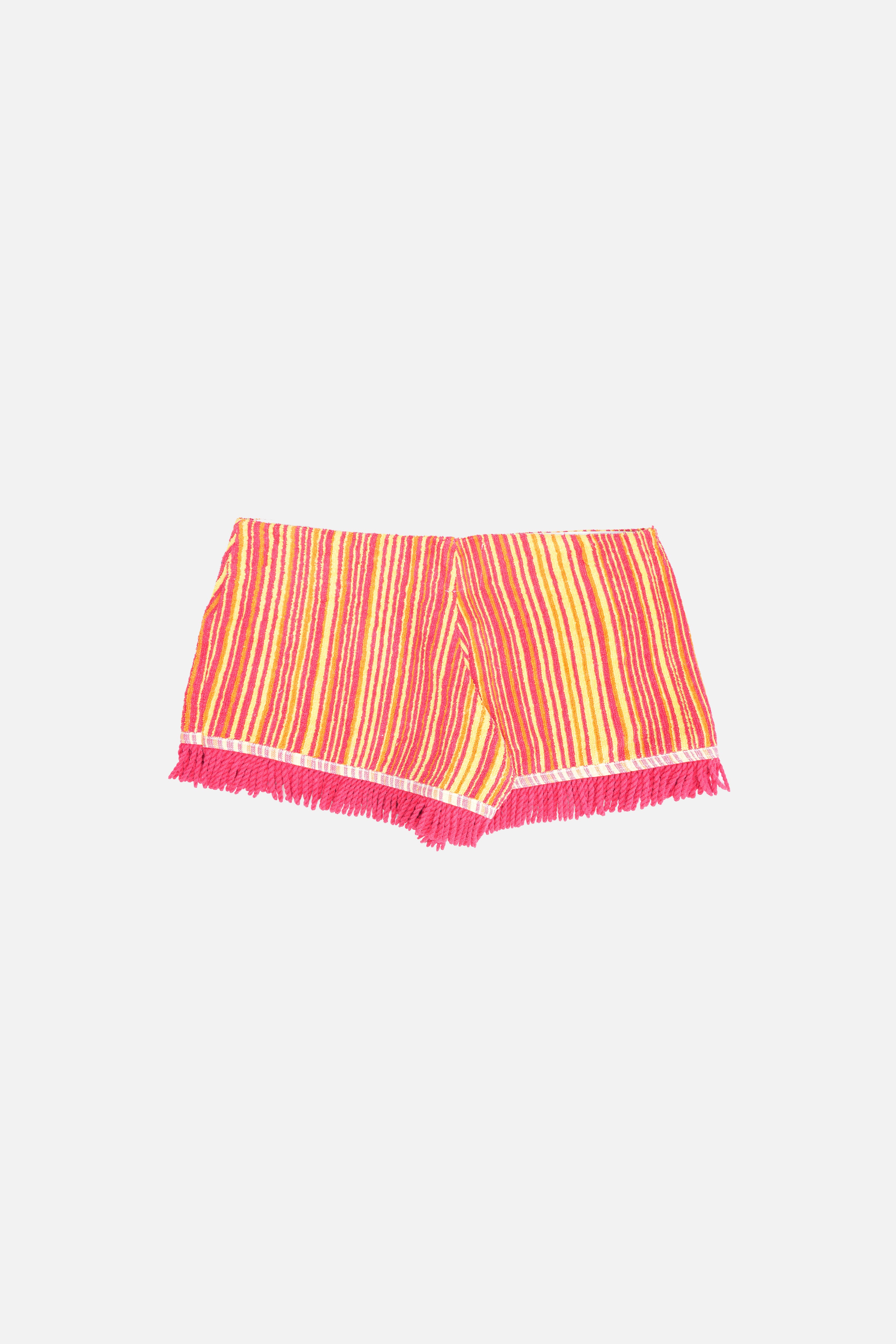 Towel Upcycled Mini Shorts — Striped Fringe