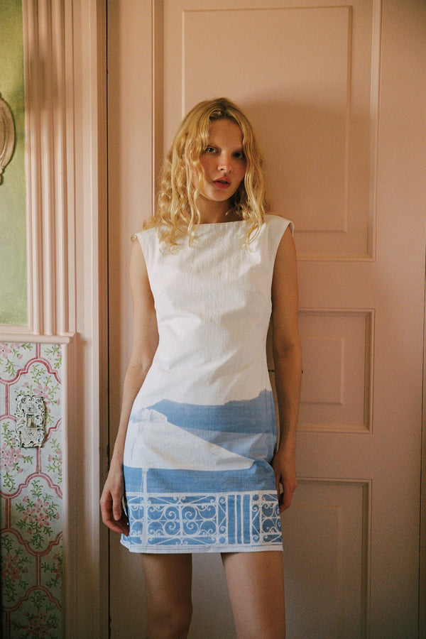 Mason Linen Dress in Balcony print — linen mini dress with boat neckline