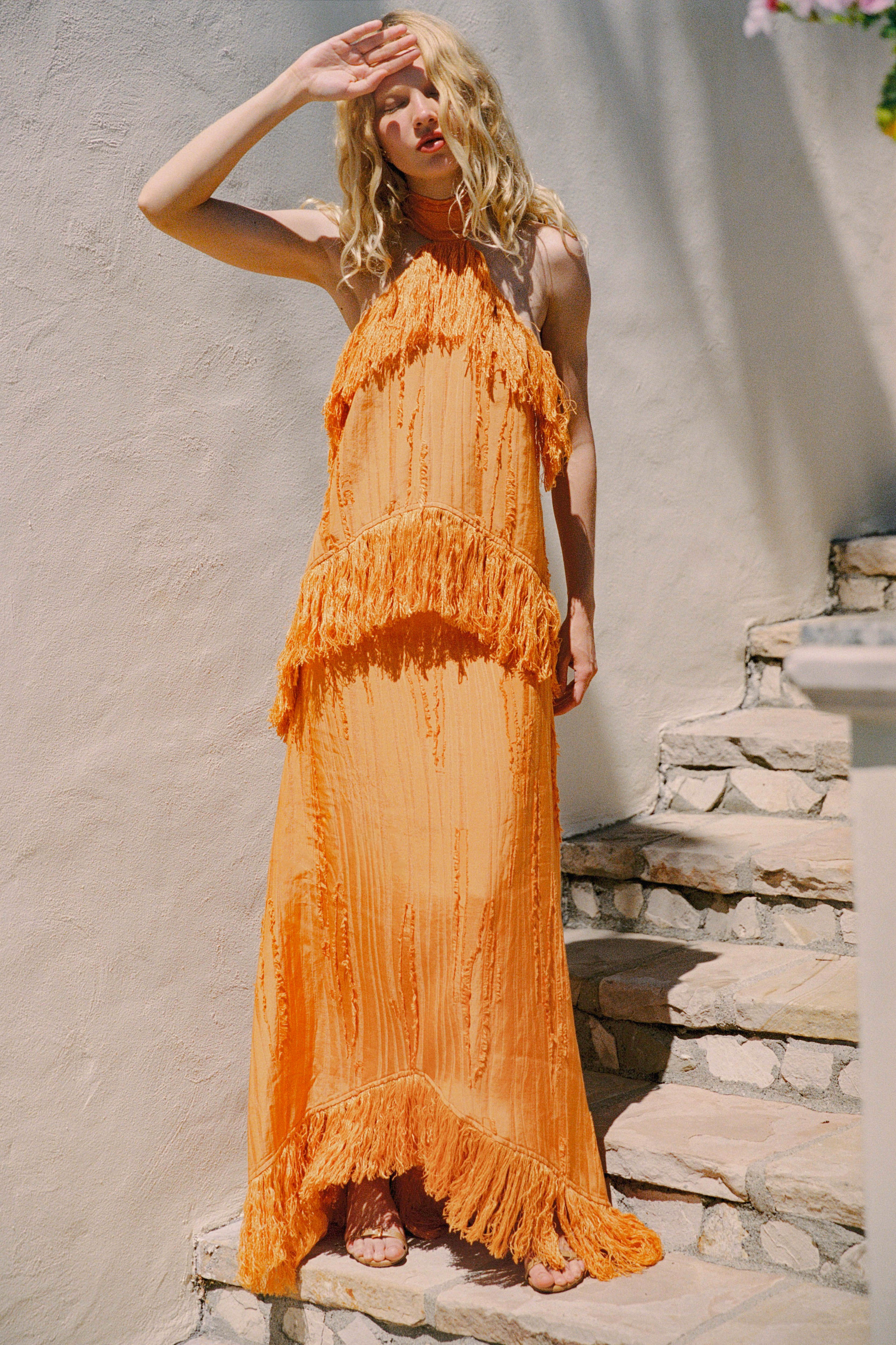 Jones Fringe Top in Orange — fringe-trimmed top
