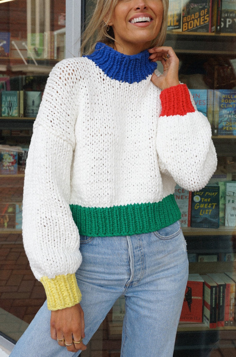 Chunky Wool Knit Sweater With Loose Fit, Colorful Hand Knitted