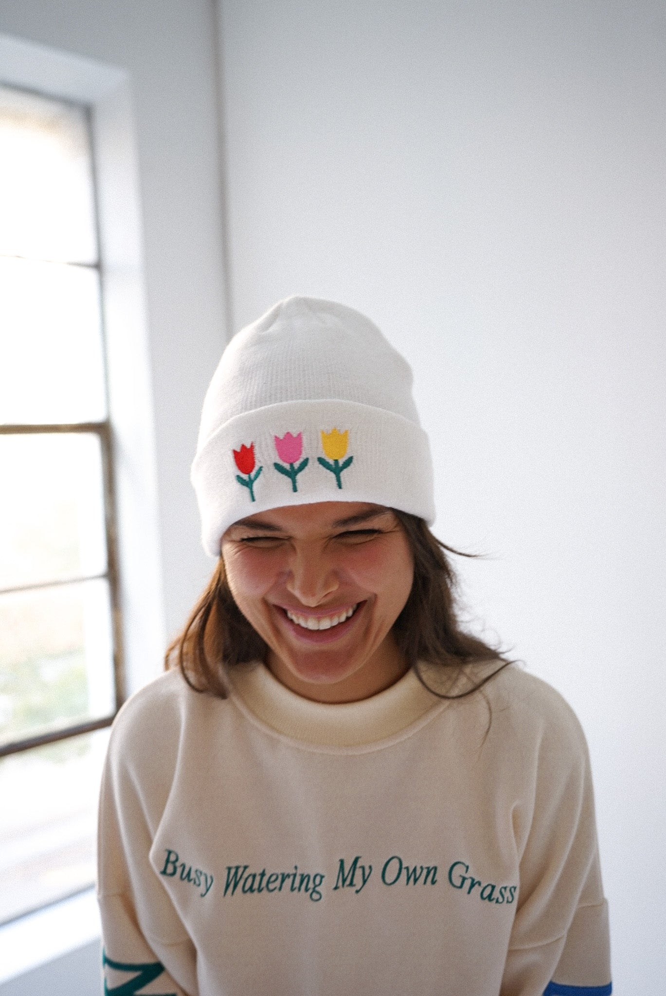 Embroidered Knit Beanie — Tricolor Tulips