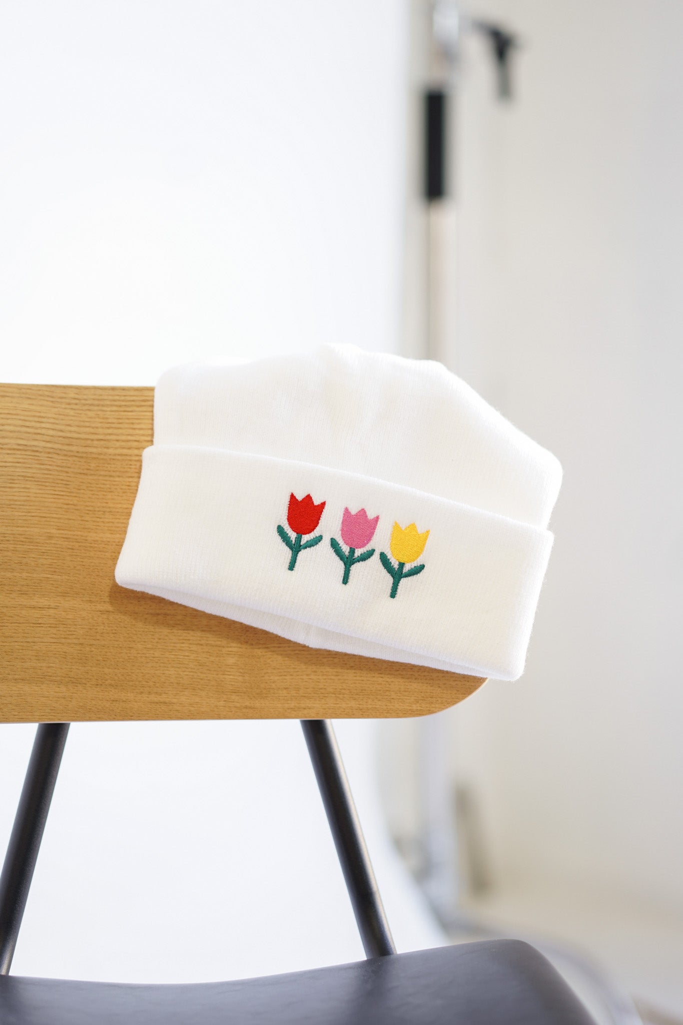 Embroidered Knit Beanie — Tricolor Tulips