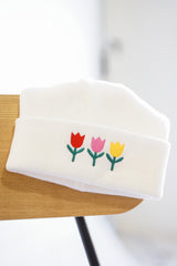 Embroidered Knit Beanie — Tricolor Tulips