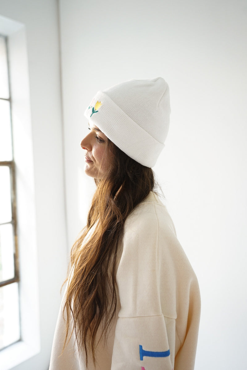 Embroidered Knit Beanie — Tricolor Tulips